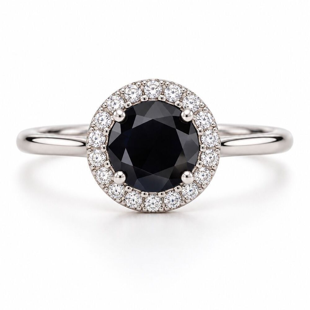925 Sterling Silver Black Moissanite Halo Ring 1.34 CT VVS Rhodium Plated Size 7